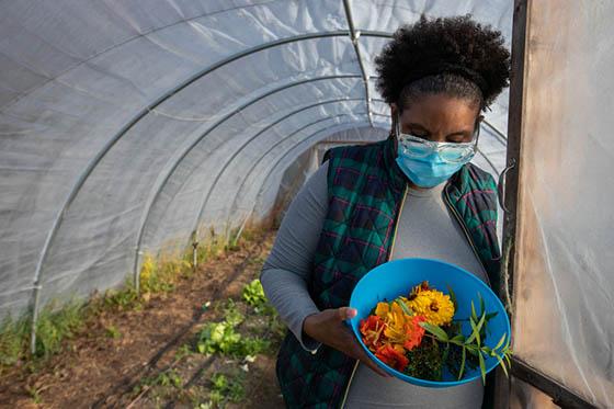 图为波胆网站的一名女学生在伊甸园大厅校园的温室门口拿着一碗收获的农产品