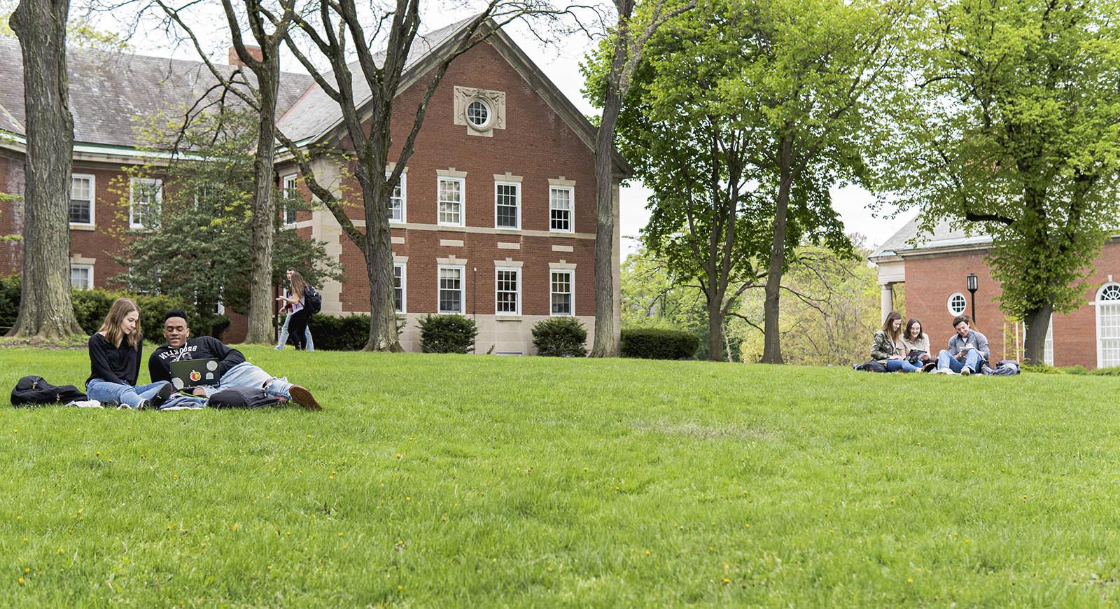 荫边校园照片，学生们一起在草地上学习